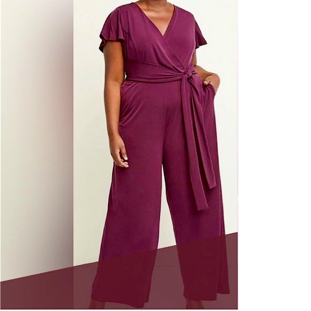 LANE BRYANT Stretchy, Wide Leg, Flutter Sleeve, Faux Wrap Jumpsuit